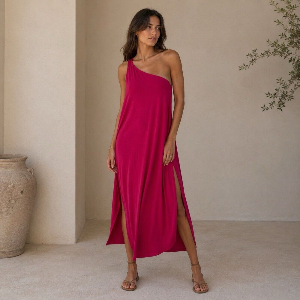 Double Zero NWT Hot Pink One Shoulder Midi Dress Slits Stretch Minimalist Large